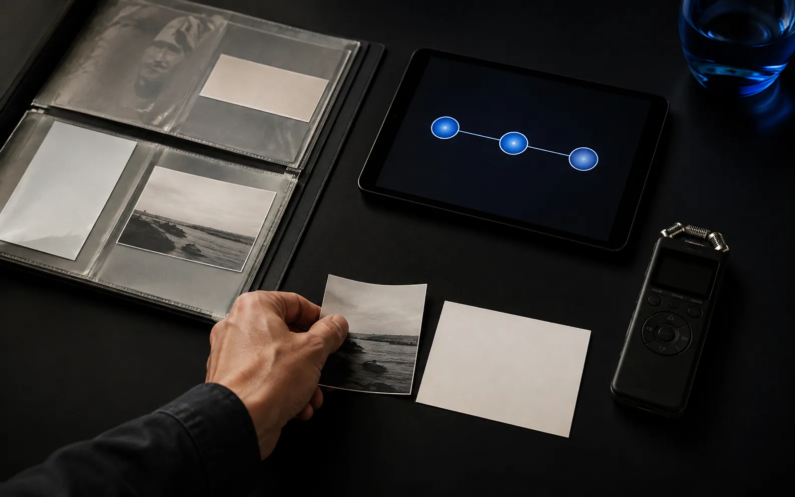 Archivo físico con fundas documentales, fotografías ficticias, tableta y grabadora organizados para revisión
